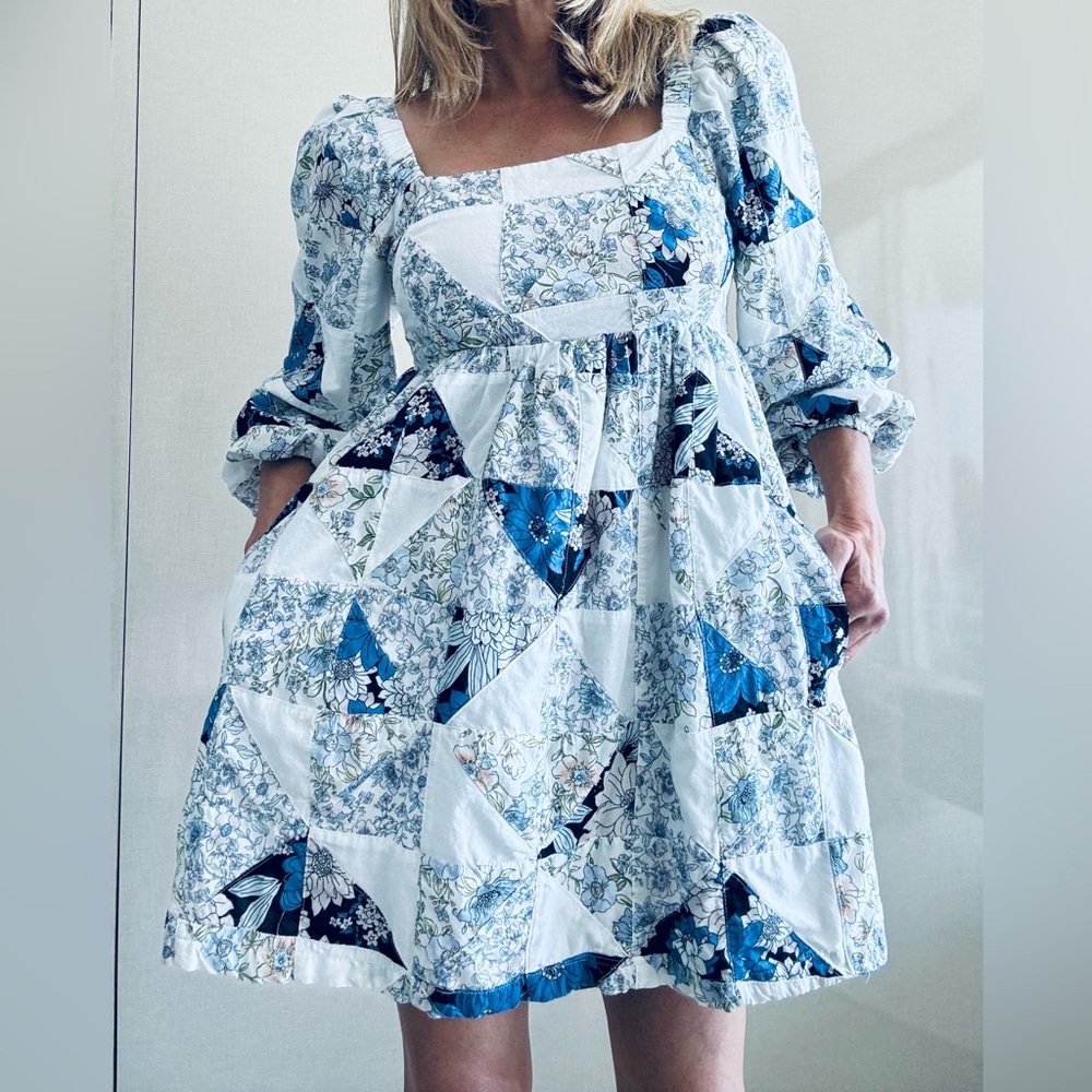J. Crew Blue and White Patchwork Long Sleeve Mini Dress
